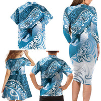 Personalised New Zealand Aotearoa Darts Masters Family Matching Long Sleeve Bodycon Dress and Hawaiian Shirt Maori Art Tattoo with Tribal Dart Symbol Blue - Polynesian Pride