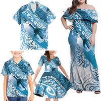 Personalised New Zealand Aotearoa Darts Masters Family Matching Off Shoulder Maxi Dress and Hawaiian Shirt Maori Art Tattoo with Tribal Dart Symbol Blue - Polynesian Pride
