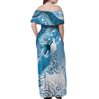 Personalised New Zealand Aotearoa Darts Masters Off Shoulder Maxi Dress Maori Art Tattoo with Tribal Dart Symbol Blue - Polynesian Pride