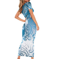 Personalised New Zealand Aotearoa Darts Masters Short Sleeve Bodycon Dress Maori Art Tattoo with Tribal Dart Symbol Blue - Polynesian Pride