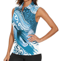 Personalised New Zealand Aotearoa Darts Masters Women Sleeveless Polo Shirt Maori Art Tattoo with Tribal Dart Symbol Blue - Polynesian Pride