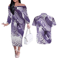 Personalised New Zealand Aotearoa Darts Masters Couples Matching Off The Shoulder Long Sleeve Dress and Hawaiian Shirt Maori Art Tattoo with Tribal Dart Symbol Purple - Polynesian Pride