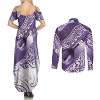 Personalised New Zealand Aotearoa Darts Masters Couples Matching Summer Maxi Dress and Long Sleeve Button Shirt Maori Art Tattoo with Tribal Dart Symbol Purple - Polynesian Pride