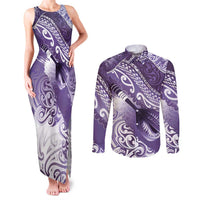 Personalised New Zealand Aotearoa Darts Masters Couples Matching Tank Maxi Dress and Long Sleeve Button Shirt Maori Art Tattoo with Tribal Dart Symbol Purple - Polynesian Pride