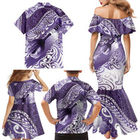 Personalised New Zealand Aotearoa Darts Masters Family Matching Mermaid Dress and Hawaiian Shirt Maori Art Tattoo with Tribal Dart Symbol Purple - Polynesian Pride