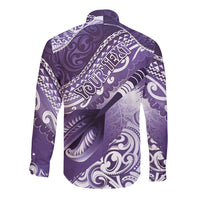 Personalised New Zealand Aotearoa Darts Masters Long Sleeve Button Shirt Maori Art Tattoo with Tribal Dart Symbol Purple - Polynesian Pride