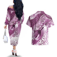 Personalised New Zealand Aotearoa Darts Masters Couples Matching Off The Shoulder Long Sleeve Dress and Hawaiian Shirt Maori Art Tattoo with Tribal Dart Symbol Pink - Polynesian Pride