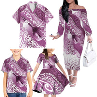 Personalised New Zealand Aotearoa Darts Masters Family Matching Off The Shoulder Long Sleeve Dress and Hawaiian Shirt Maori Art Tattoo with Tribal Dart Symbol Pink - Polynesian Pride