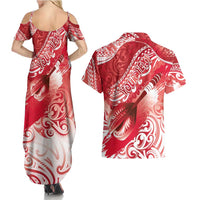Personalised New Zealand Aotearoa Darts Masters Couples Matching Summer Maxi Dress and Hawaiian Shirt Maori Art Tattoo with Tribal Dart Symbol Red - Polynesian Pride
