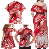 Personalised New Zealand Aotearoa Darts Masters Family Matching Off Shoulder Maxi Dress and Hawaiian Shirt Maori Art Tattoo with Tribal Dart Symbol Red - Polynesian Pride