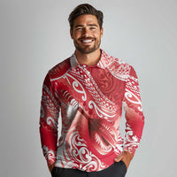 Personalised New Zealand Aotearoa Darts Masters Long Sleeve Polo Shirt Maori Art Tattoo with Tribal Dart Symbol Red - Polynesian Pride