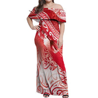 Personalised New Zealand Aotearoa Darts Masters Off Shoulder Maxi Dress Maori Art Tattoo with Tribal Dart Symbol Red - Polynesian Pride