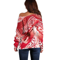 Personalised New Zealand Aotearoa Darts Masters Off Shoulder Sweater Maori Art Tattoo with Tribal Dart Symbol Red - Polynesian Pride