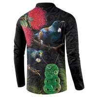 New Zealand Tui Button Sweatshirt Guardians of the Hei Tiki - Maori Art and Plants