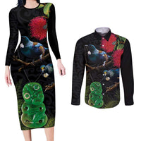 New Zealand Tui Couples Matching Long Sleeve Bodycon Dress and Long Sleeve Button Shirt Guardians of the Hei Tiki - Maori Art and Plants