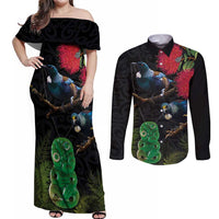 New Zealand Tui Couples Matching Off Shoulder Maxi Dress and Long Sleeve Button Shirt Guardians of the Hei Tiki - Maori Art and Plants