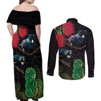 New Zealand Tui Couples Matching Off Shoulder Maxi Dress and Long Sleeve Button Shirt Guardians of the Hei Tiki - Maori Art and Plants