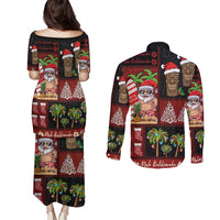 Hawaiian Christmas Couples Matching Puletasi and Long Sleeve Button Shirt - Mele Kalikimaka Island Holiday Vibes - Black Red