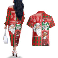 Australian Christmas Couples Matching Off The Shoulder Long Sleeve Dress and Hawaiian Shirt - Santa Koala Kangaroo and Holiday Cheer