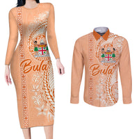 Bula Fiji Couples Matching Long Sleeve Bodycon Dress and Long Sleeve Button Shirt Tropical Flower and Tapa Pattern Peach Fuzz Color LT03 Peach Fuzz - Polynesian Pride