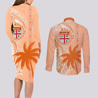 Bula Fiji Couples Matching Long Sleeve Bodycon Dress and Long Sleeve Button Shirt Tropical Flower and Tapa Pattern Peach Fuzz Color LT03 - Polynesian Pride