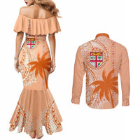 Bula Fiji Couples Matching Mermaid Dress and Long Sleeve Button Shirt Tropical Flower and Tapa Pattern Peach Fuzz Color LT03 - Polynesian Pride