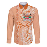 Bula Fiji Family Matching Long Sleeve Bodycon Dress and Hawaiian Shirt Tropical Flower and Tapa Pattern Peach Fuzz Color LT03 Dad's Shirt - Long Sleeve Peach Fuzz - Polynesian Pride