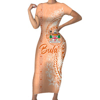 Bula Fiji Short Sleeve Bodycon Dress Tropical Flower and Tapa Pattern Peach Fuzz Color LT03 Long Dress Peach Fuzz - Polynesian Pride