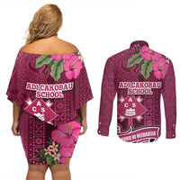 Fiji Adi Cakobau School Couples Matching Off Shoulder Short Dress and Long Sleeve Button Shirt Tropical Flower and Tapa Pattern LT03 - Polynesian Pride