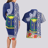 Fiji Natabua High School Couples Matching Long Sleeve Bodycon Dress and Hawaiian Shirt Tropical Flower and Tapa Pattern Blue Style LT03 - Polynesian Pride