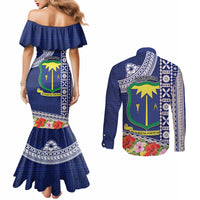 Fiji Natabua High School Couples Matching Mermaid Dress and Long Sleeve Button Shirt Tropical Flower and Tapa Pattern Blue Style LT03 - Polynesian Pride