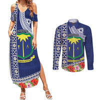 Fiji Natabua High School Couples Matching Summer Maxi Dress and Long Sleeve Button Shirt Tropical Flower and Tapa Pattern Blue Style LT03 Blue - Polynesian Pride