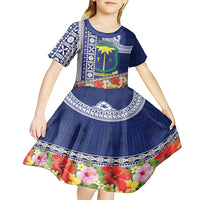 Fiji Natabua High School Kid Short Sleeve Dress Tropical Flower and Tapa Pattern Blue Style LT03 - Polynesian Pride