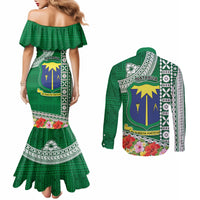 Fiji Natabua High School Couples Matching Mermaid Dress and Long Sleeve Button Shirt Tropical Flower and Tapa Pattern Green Style LT03 - Polynesian Pride