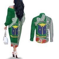 Fiji Natabua High School Couples Matching Off The Shoulder Long Sleeve Dress and Long Sleeve Button Shirt Tropical Flower and Tapa Pattern Green Style LT03 - Polynesian Pride
