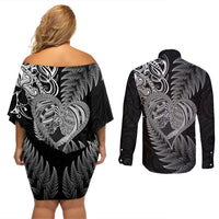 New Zealand Valentine Day Couples Matching Off Shoulder Short Dress and Long Sleeve Button Shirt Aotearoa Warrior and Woman Love Heart Silver Fern Koru LT03 - Polynesian Pride