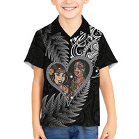 New Zealand Valentine Day Family Matching Off Shoulder Long Sleeve Dress and Hawaiian Shirt Aotearoa Warrior and Woman Love Heart Silver Fern Koru LT03 Son's Shirt Black - Polynesian Pride