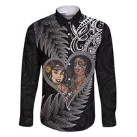 New Zealand Valentine Day Family Matching Off Shoulder Short Dress and Hawaiian Shirt Aotearoa Warrior and Woman Love Heart Silver Fern Koru LT03 Dad's Shirt - Long Sleeve Black - Polynesian Pride