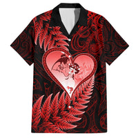 New Zealand Valentine Day Family Matching Off Shoulder Maxi Dress and Hawaiian Shirt Aotearoa Warrior and Woman Love Story Silver Fern Koru Red Style LT03 Dad's Shirt - Short Sleeve Red - Polynesian Pride