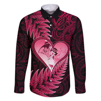 New Zealand Valentine Day Family Matching Off Shoulder Long Sleeve Dress and Hawaiian Shirt Aotearoa Warrior Love Story Silver Fern Koru Pink Style LT03 Dad's Shirt - Long Sleeve Pink - Polynesian Pride