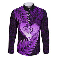New Zealand Valentine Day Family Matching Off Shoulder Short Dress and Hawaiian Shirt Aotearoa Warrior Love Story Silver Fern Koru Purple Style LT03 Dad's Shirt - Long Sleeve Purple - Polynesian Pride