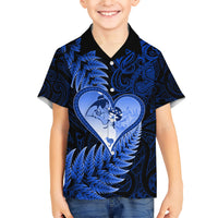 New Zealand Valentine Day Family Matching Short Sleeve Bodycon Dress and Hawaiian Shirt Aotearoa Warrior Love Story Silver Fern Koru Blue Style LT03 Son's Shirt Blue - Polynesian Pride
