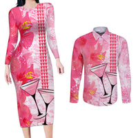 Hawaiian Cocktail Valentine Day Couples Matching Long Sleeve Bodycon Dress and Long Sleeve Button Shirt Hibiscus Kakau Pattern Pink Version LT03 Pink - Polynesian Pride