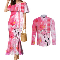Hawaiian Cocktail Valentine Day Couples Matching Mermaid Dress and Long Sleeve Button Shirt Hibiscus Kakau Pattern Pink Version LT03 Pink - Polynesian Pride