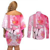 Hawaiian Cocktail Valentine Day Couples Matching Off Shoulder Short Dress and Long Sleeve Button Shirt Hibiscus Kakau Pattern Pink Version LT03 - Polynesian Pride