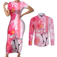 Hawaiian Cocktail Valentine Day Couples Matching Short Sleeve Bodycon Dress and Long Sleeve Button Shirt Hibiscus Kakau Pattern Pink Version LT03 Pink - Polynesian Pride