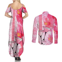 Hawaiian Cocktail Valentine Day Couples Matching Summer Maxi Dress and Long Sleeve Button Shirt Hibiscus Kakau Pattern Pink Version LT03 - Polynesian Pride