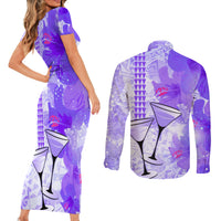 Hawaiian Cocktail Valentine Day Couples Matching Short Sleeve Bodycon Dress and Long Sleeve Button Shirt Hibiscus Kakau Pattern Purple Version LT03 - Polynesian Pride