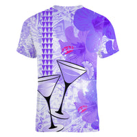 Hawaiian Cocktail Valentine Day Women V Neck T Shirt Hibiscus Kakau Pattern Purple Version LT03 - Polynesian Pride