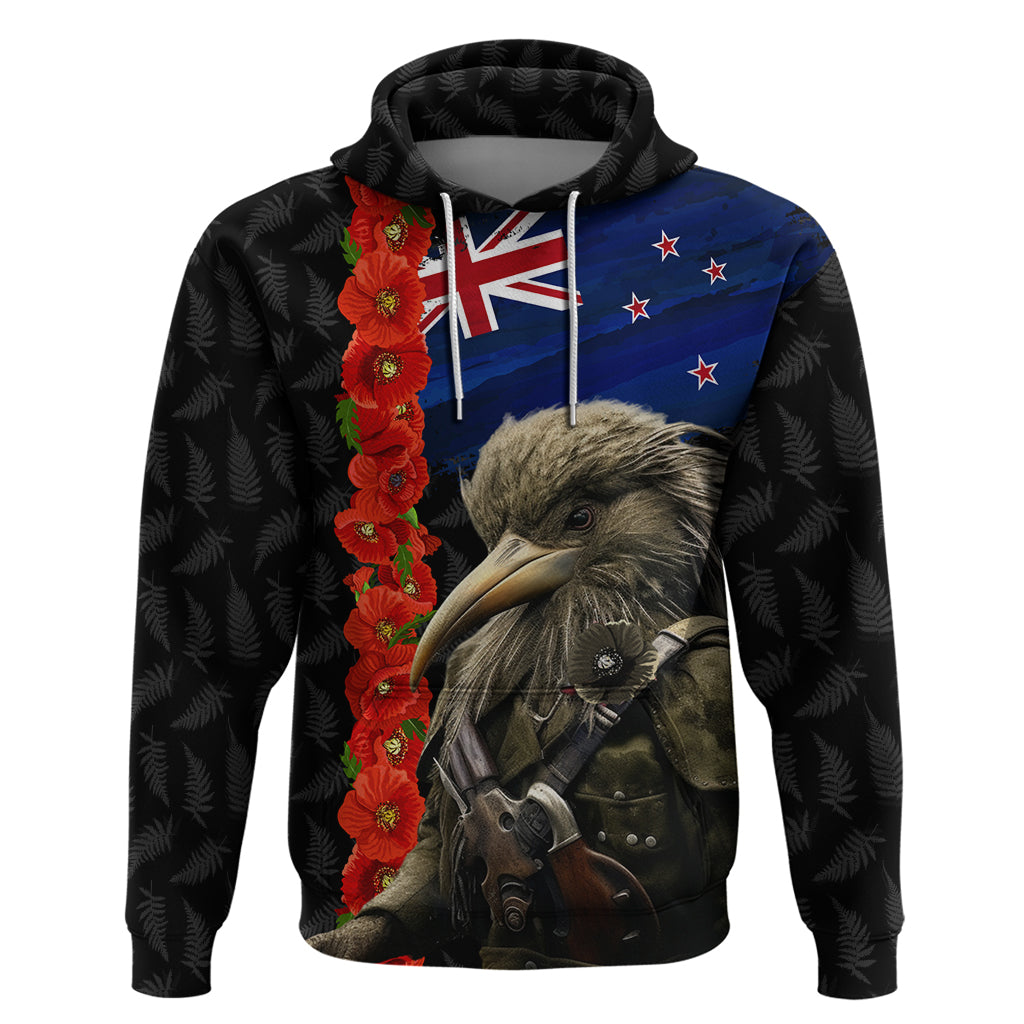 New Zealand Kiwi Soldier ANZAC Hoodie Red Poppy Flower and Silver Fern Pattern LT03 Pullover Hoodie Black - Polynesian Pride